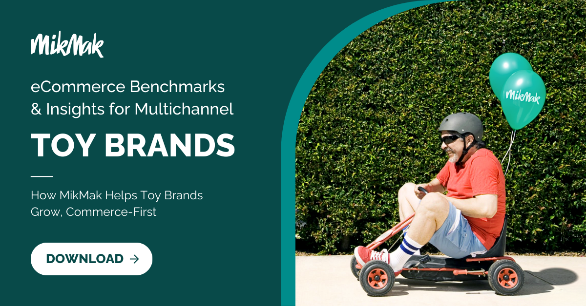 MikMak eCommerce Benchmarks & Insights for Multichannel Toy Brands Where to Buy Solution Man on scooter with teal balloon